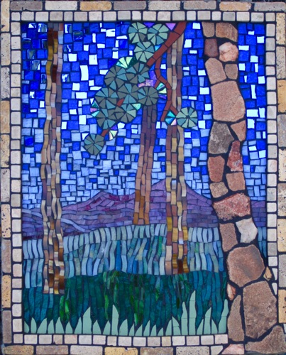 Range View; 12" x 16"; natural stone, stained glass, porcelain, marble; $600.00
